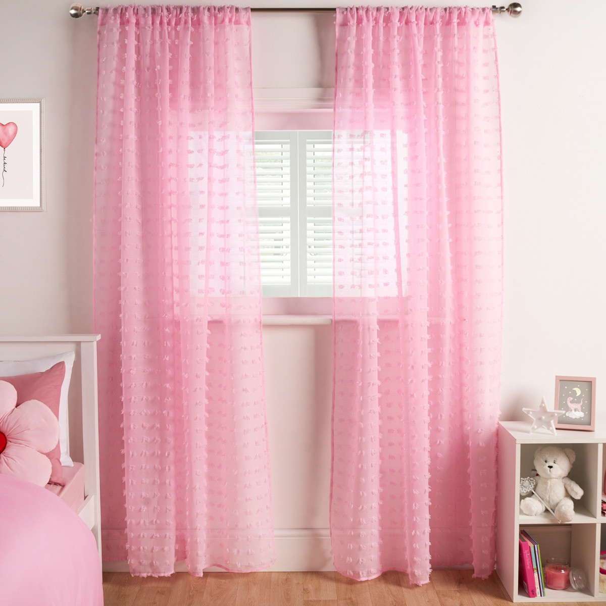 OHS Pompom Tufted Voile Curtains (Pair) - Pink>