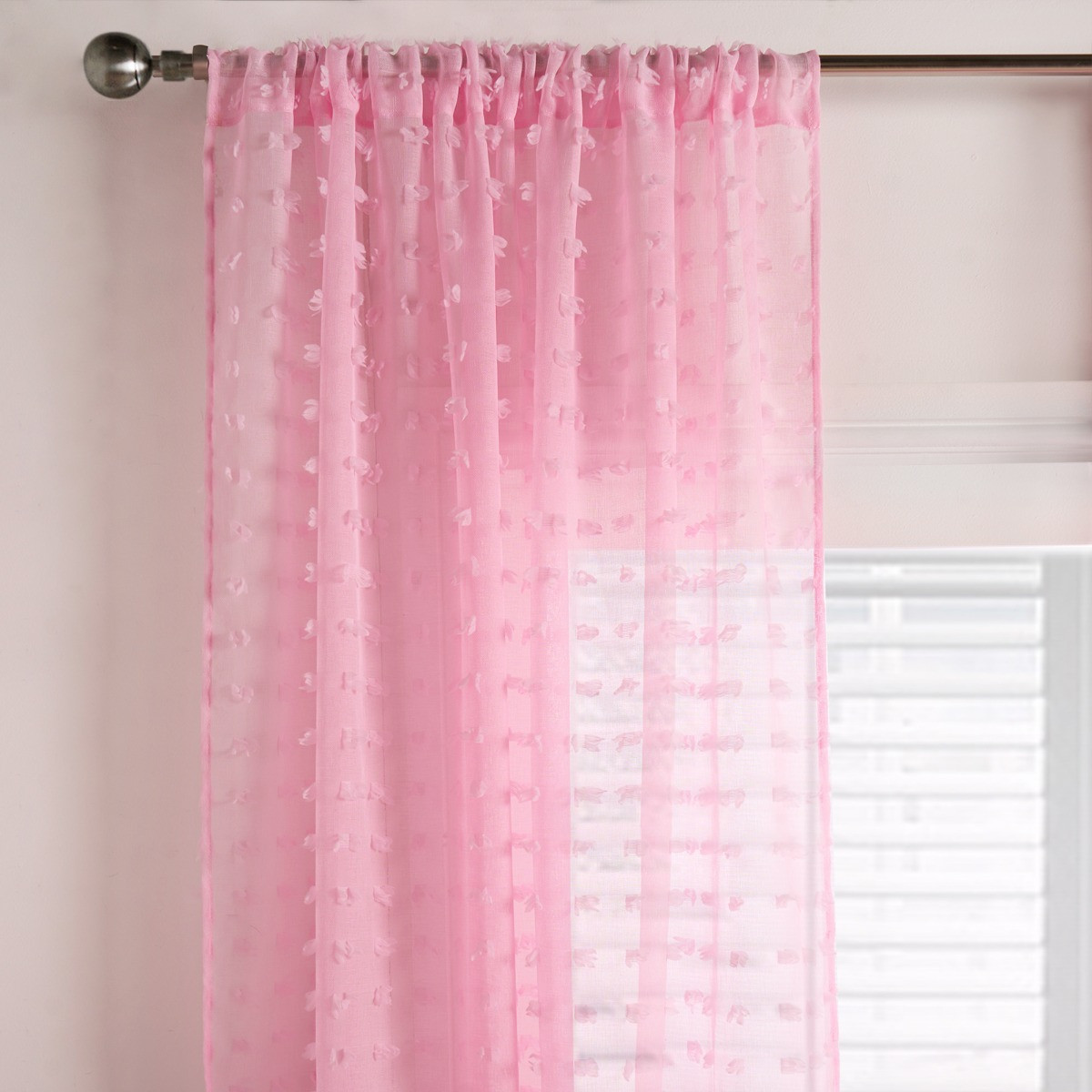 OHS Pompom Tufted Voile Curtains (Pair) - Pink>