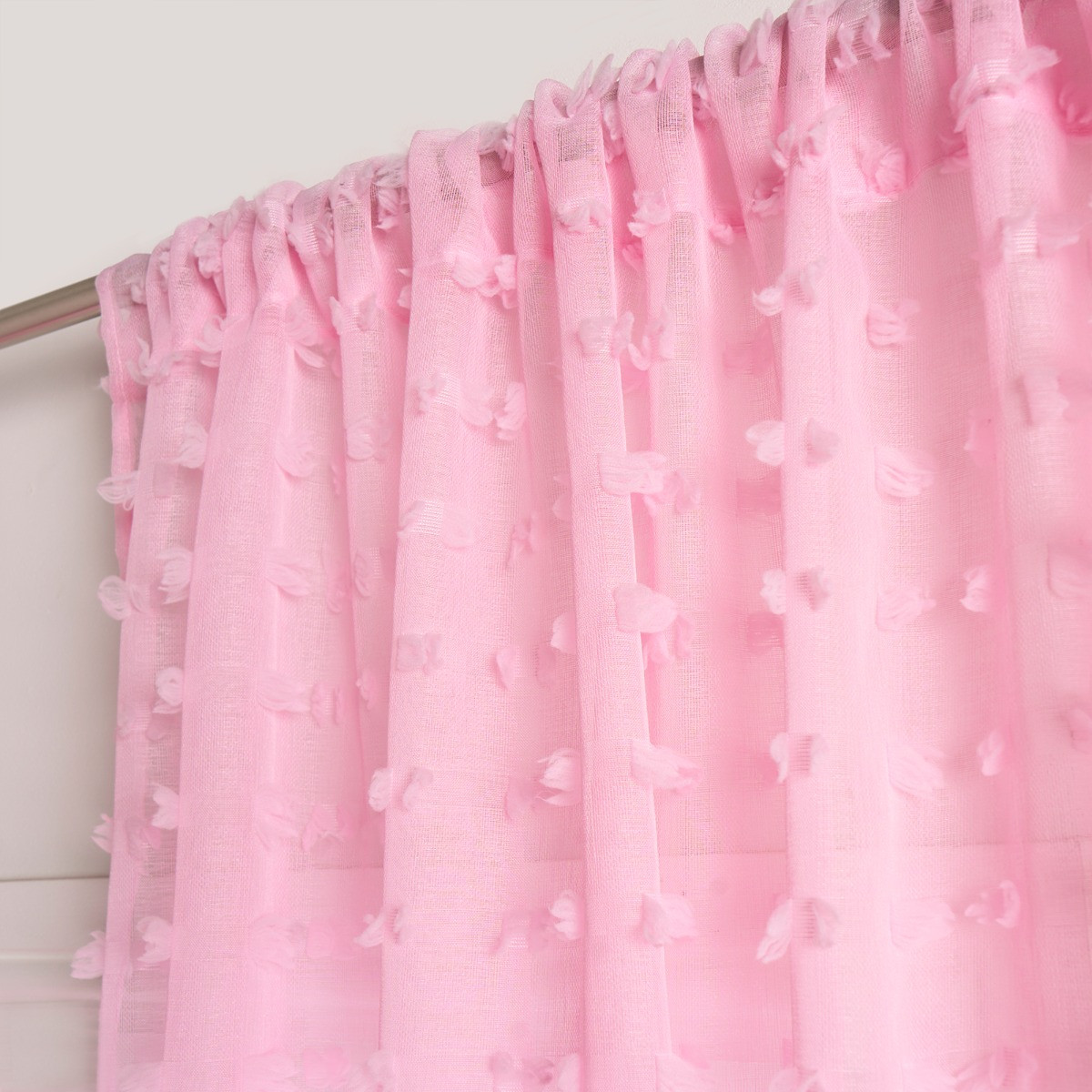 OHS Pompom Tufted Voile Curtains (Pair) - Pink>