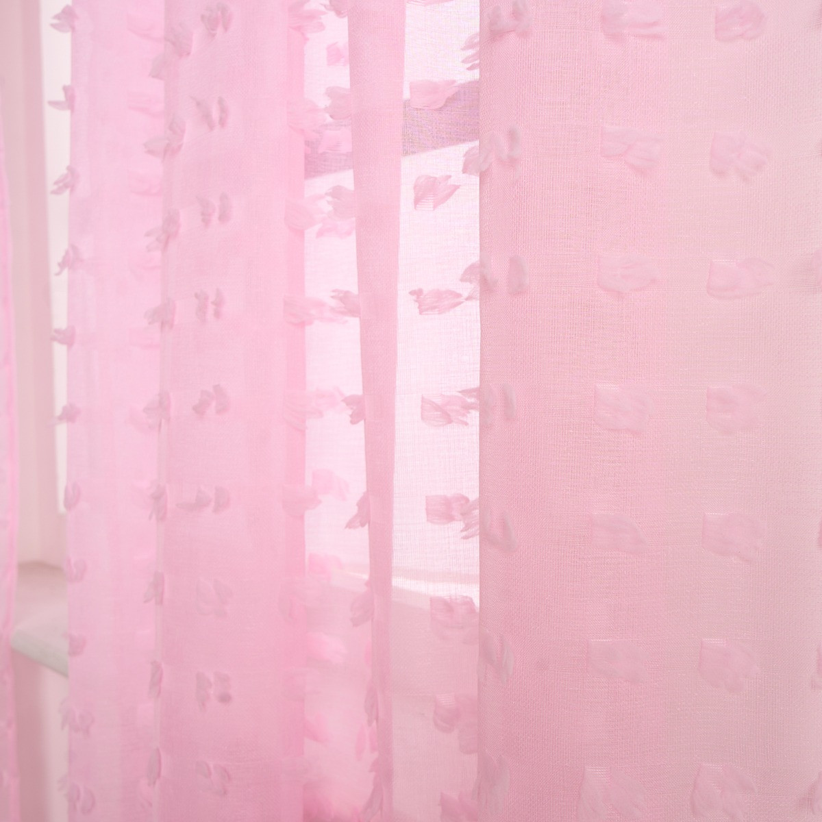 OHS Pompom Tufted Voile Curtains (Pair) - Pink>