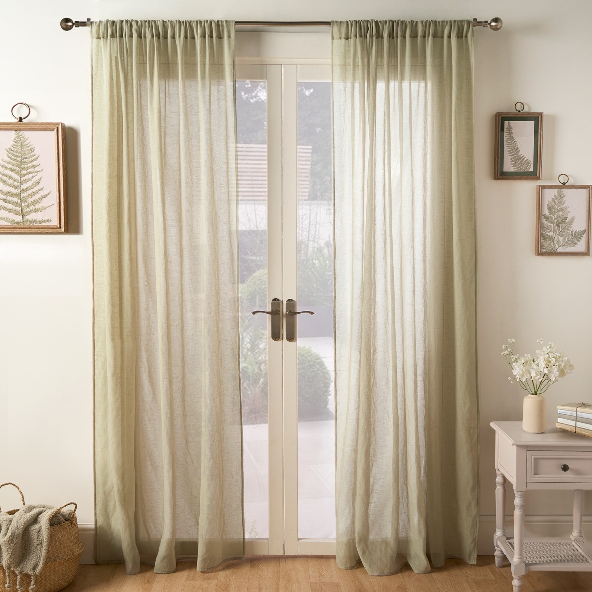 OHS Linen Look Slot Top Voile Curtains (Pair) - Sage>