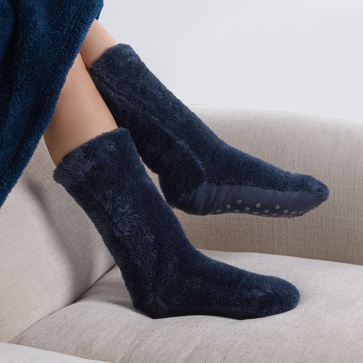 OHS Teddy Sherpa Reverse Slipper Socks Navy