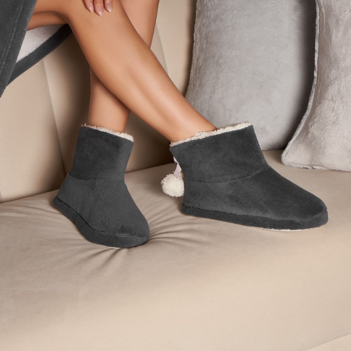 Grey fluffy slipper boots best sale