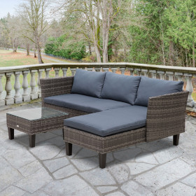 Outsunny Rattan L Shaped Sofa Set, Grey - 3 Seater