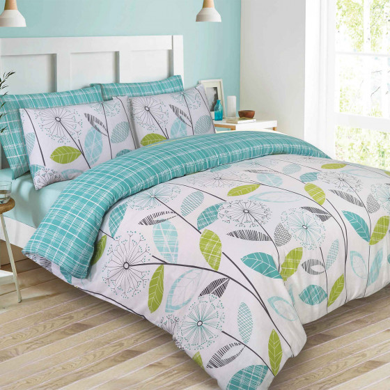 Dreamscene Allium Floral Tartan Check Bedding Single Duvet Cover Set - Teal/Green