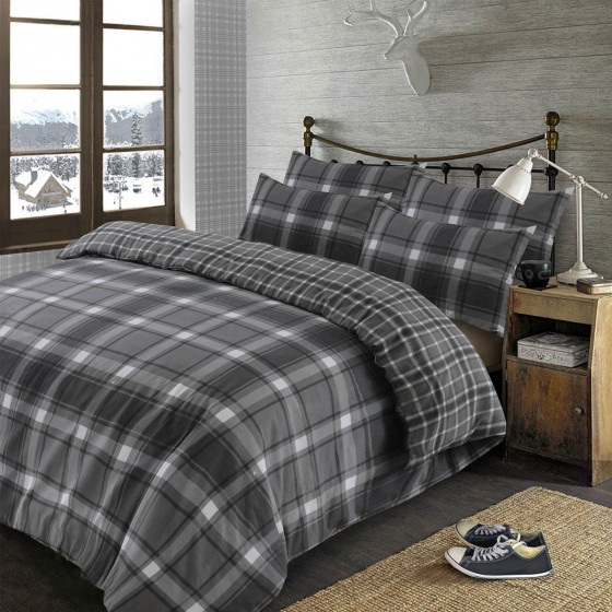 Dreamscene Aspen Brushed Cotton Check Tartan Duvet Cover Bedding Set - Grey - King