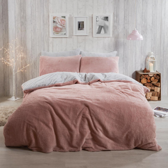 Brentfords Teddy Fleece Reversible Duvet Cover Set - Blush Pink/Grey