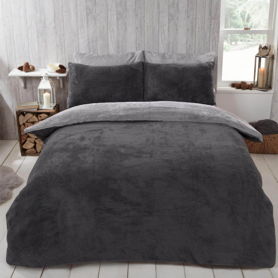 Brentfords Teddy Fleece Reversible Duvet Cover Set, Charcoal Grey - Single