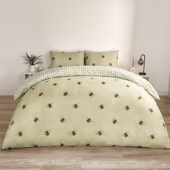 OHS Bee Print Reversible Gingham Duvet Set - Sage