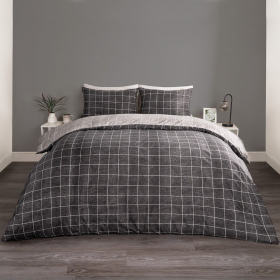 OHS Fine Line Check Reversible Duvet Set - Charcoal/Black