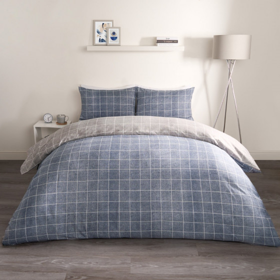 OHS Fine Line Check Reversible Duvet Set - Navy/Grey