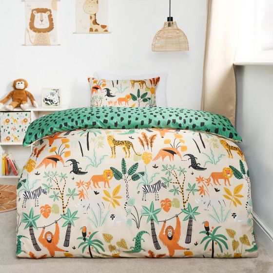 OHS Kids Safari Print Reversible Duvet Cover Set - Natural/Green