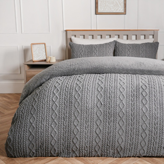 OHS Cable Knit Sherpa Fleece Duvet Cover Set, Grey - Single