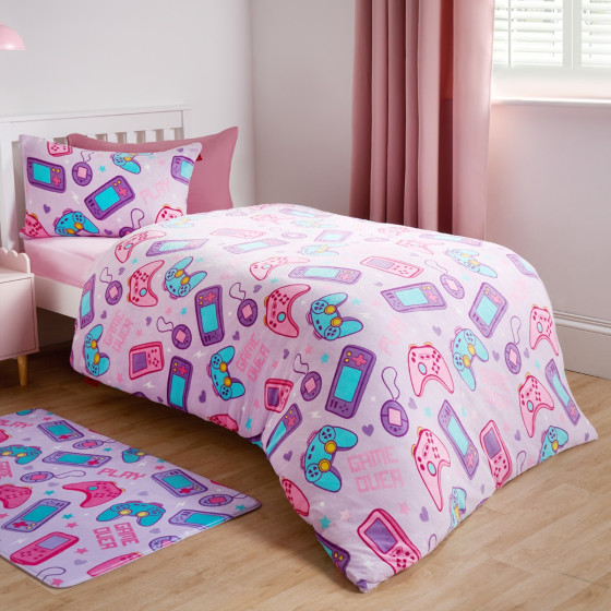 OHS Gaming Print Fleece Duvet Set Lilac Single