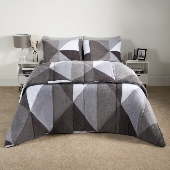 OHS Teddy Geometric Coverless 10.5 Duvet & Pillowcases, Grey - Double 