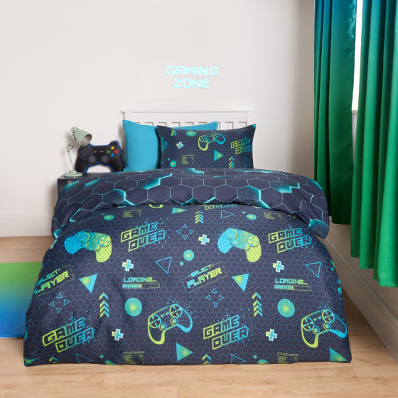 OHS Neon Gaming Honeycomb Reversible Duvet Cover Set - Green/Blue