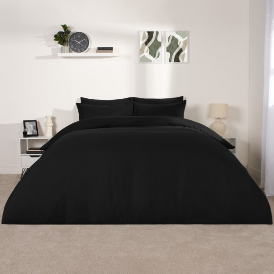 Brentfords Plain Duvet Cover Quilt with Pillowcase - Black, Single