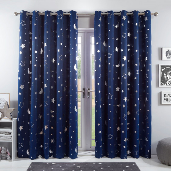 Dreamscene Star Kids Eyelet Blackout Curtains, Navy Blue - 117 x 182cm (46" x 72")