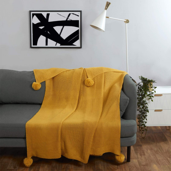 Dreamscene Large Chunky Knit Pom Pom Throw Mustard Yellow Ochre 150 x 180cm