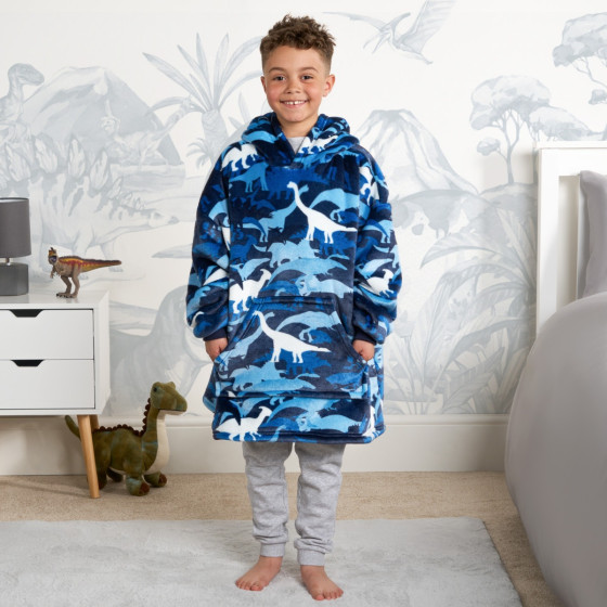 OHS Kids Camo Dinosaur Print Hoodie Blanket - Navy