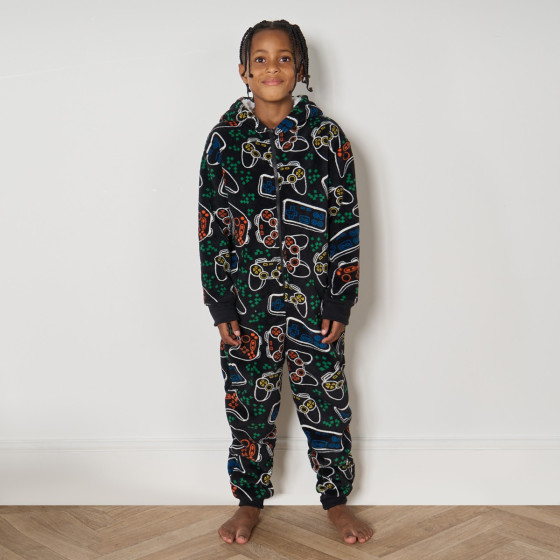 OHS Kids Gaming Print Fleece Onesie Black