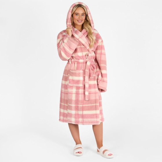 OHS Tartan Check Print Teddy Dressing Gown, Adults - Blush 