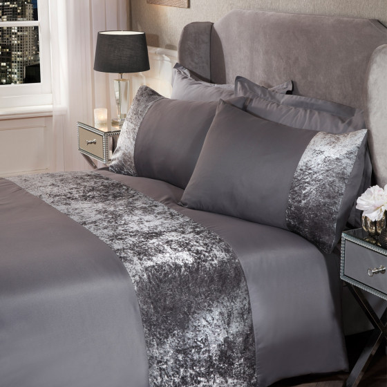 Sienna Crushed Velvet Band Duvet Set, Silver Grey - King