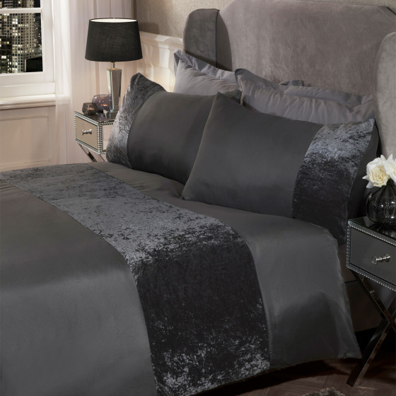 Sienna Crushed Velvet Band Duvet Set - Charcoal Grey