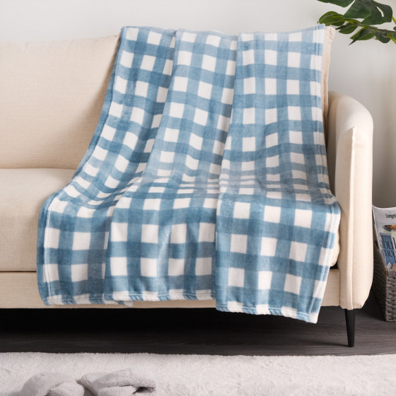 OHS Ultra Soft Gingham Print Throw - Blue