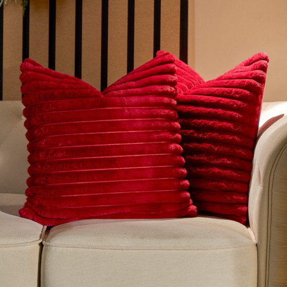 OHS Faux Fur Thick Ribbed Cushion Covers - Red