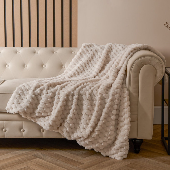 OHS Thick Faux Fur Waffle Throw - Cream