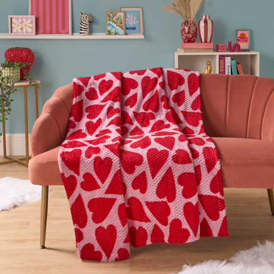 OHS Waffle Fleece Heart Print Throw - Pink/Red