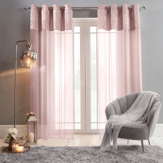 Sienna Crushed Velvet Voile Net Curtains Eyelet, Blush Pink - 55" x 87" 