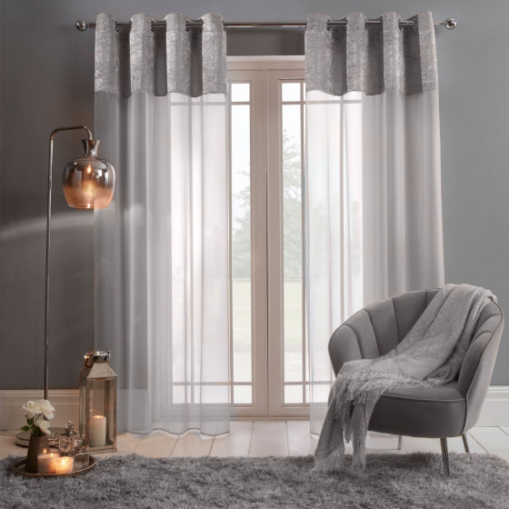 Sienna Crushed Velvet Voile Net Curtains Eyelet, Silver Grey - 55" x 87" 