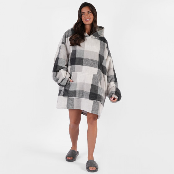 Dreamscene Tartan Winter Check Sherpa Hoodie Blanket, Adults - Grey