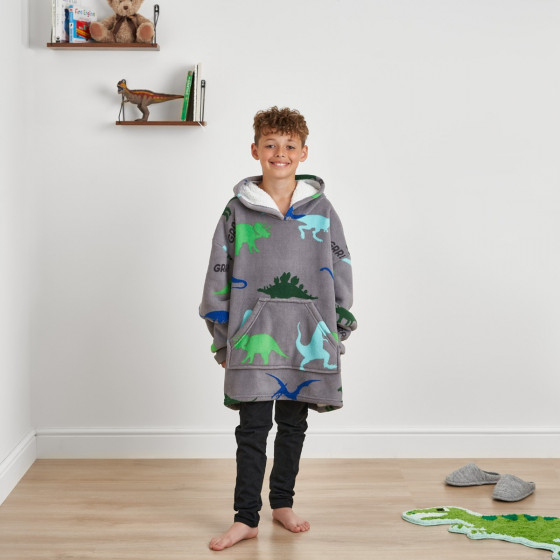 Dreamscene Dinosaur Print Hoodie Blanket, Kids - Grey