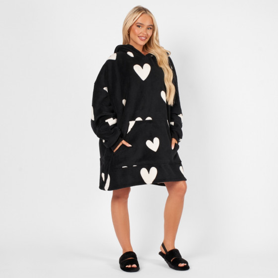 Dreamscene Heart Print Hoodie Blanket - Black