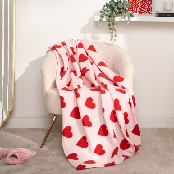 Dreamscene Heart Print Fleece Throw - Pink/Red