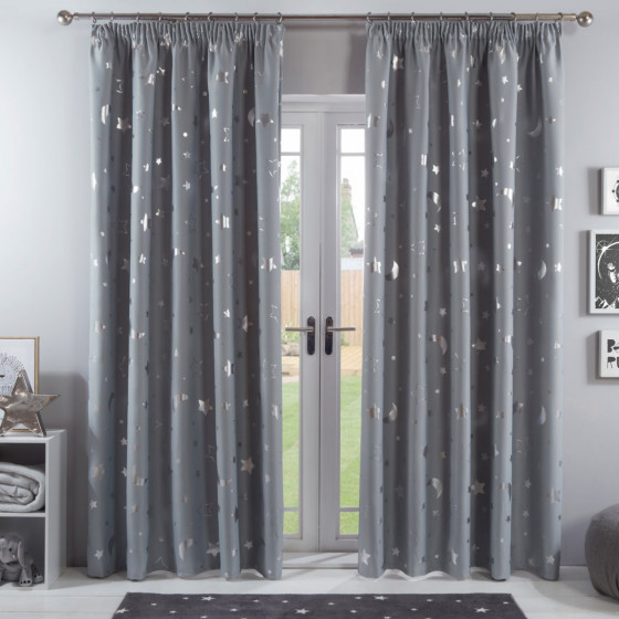 Dreamscene Galaxy Star Blackout Pencil Pleat Curtains, Silver Grey - 46" x 72"