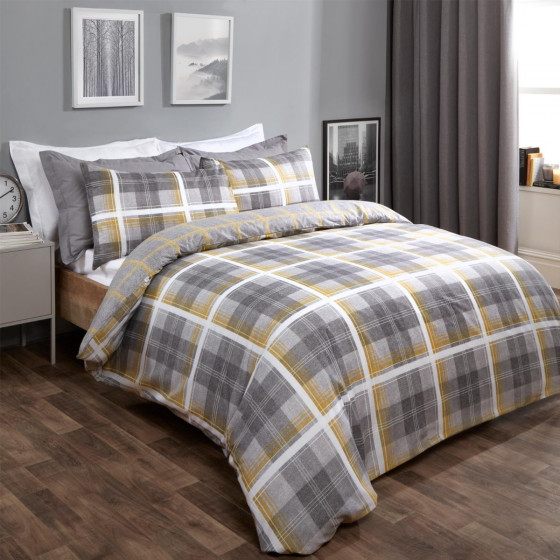 Dreamscene Denim Check Duvet Cover Set, Grey/Ochre - King