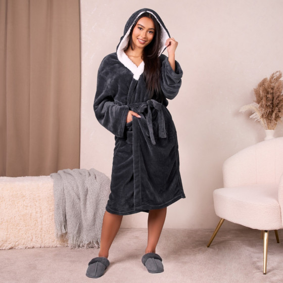 Sienna Hooded Sherpa Fleece Dressing Gown - Charcoal Grey