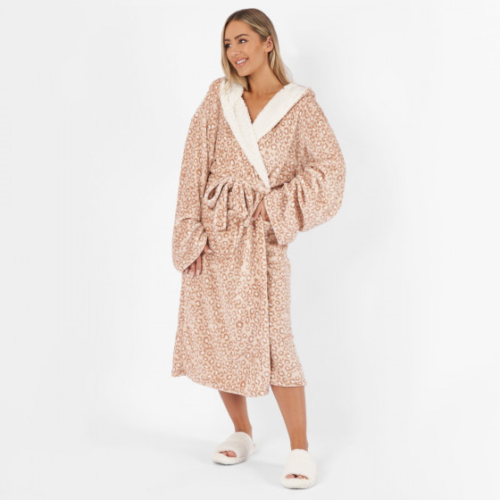 Dreamscene Leopard Flannel Fleece Dressing Gown - Natural