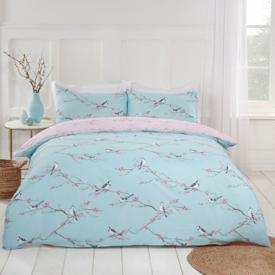 Dreamscene Blossom Bird Duvet Set, Duck Egg Blue - Single