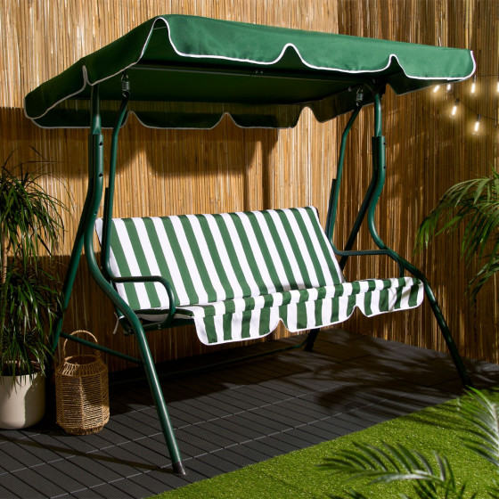 OHS 3 Seater Swing Bench With Canopy - Green/White Stripe