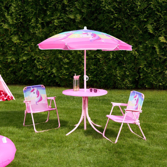 OHS Kids Unicorn Print Bistro Set with Parasol - Pink 