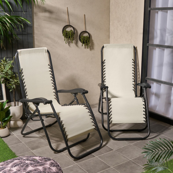 OHS 2 Pack Zero Gravity Sun Lounging Garden Chairs - Cream 