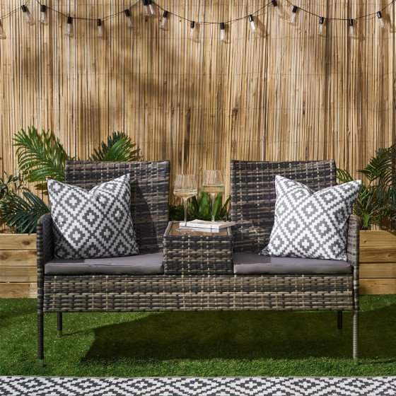 OHS 2 Seater Garden Rattan Companion Bench Table Set - Grey 
