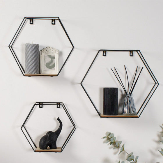 OHS Hexagon Iron Wall Rack Shelf, 3 Piece - Black