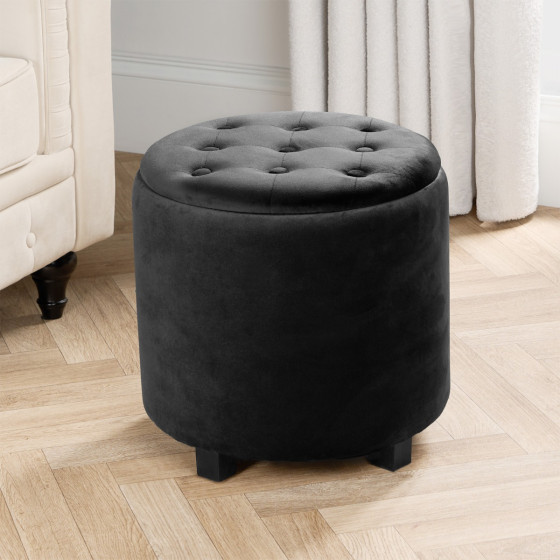 OHS Matte Velvet Button Top Storage Ottoman - Black