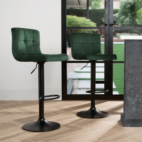 OHS Set of 2 Adjustable Velvet Bar Stools - Forest Green